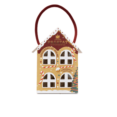 gingerbread house-shaped truffle box handle By Prestat Chocolates