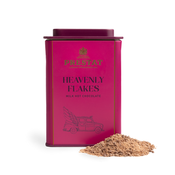 Pink tin of milk hot chocolate flakes.