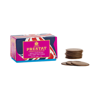 Box of Prestat milk chocolate tea thins with Union Jack design on a white background