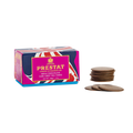 Box of Prestat milk chocolate tea thins with Union Jack design on a white background
