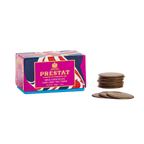 Box of Prestat milk chocolate tea thins with Union Jack design on a white background