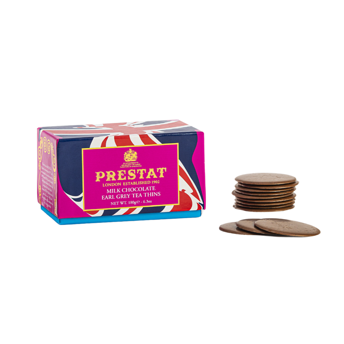 Box of Prestat milk chocolate tea thins with Union Jack design on a white background