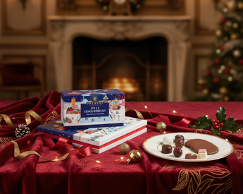 Christmas-themed gingerbread set on a table with festive decorations and a fireplace in the background
