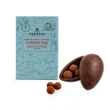 dark sea salt easter egg with mini truffles inside and gift box