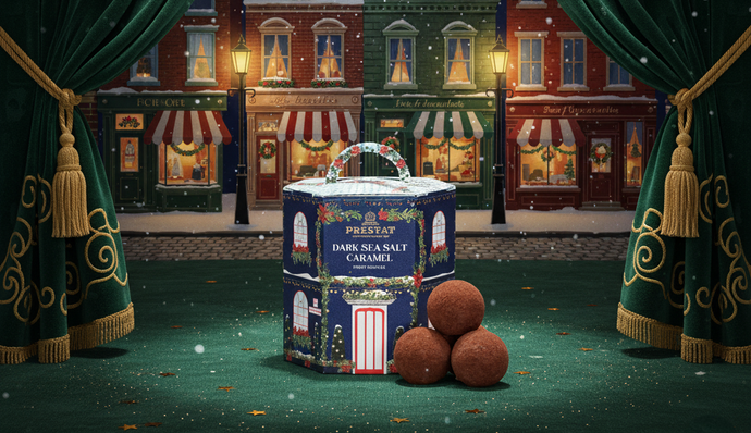 Caramel candy with a decorative box on a stage set with green curtains and a cityscape background.