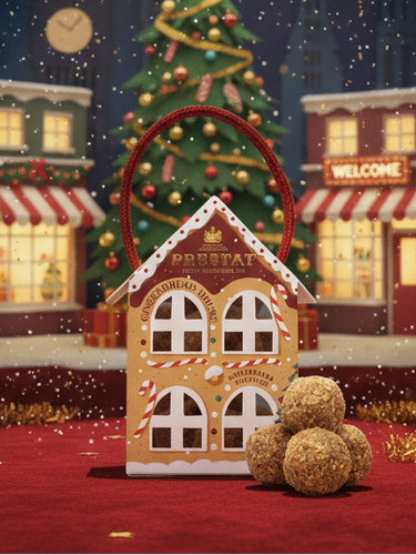 Gingerbread house with candy trees and decorations on a festive stage background