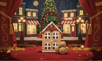 Gingerbread house with candy trees and decorations on a festive stage background