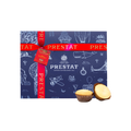 mini mince pies box with red ribbon and 'Prestat' branding, featuring illustrations on a white background.