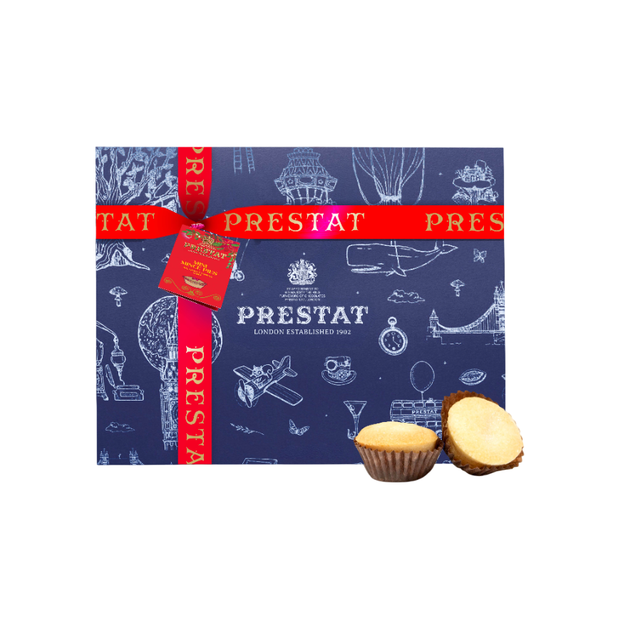 mini mince pies box with red ribbon and 'Prestat' branding, featuring illustrations on a white background.