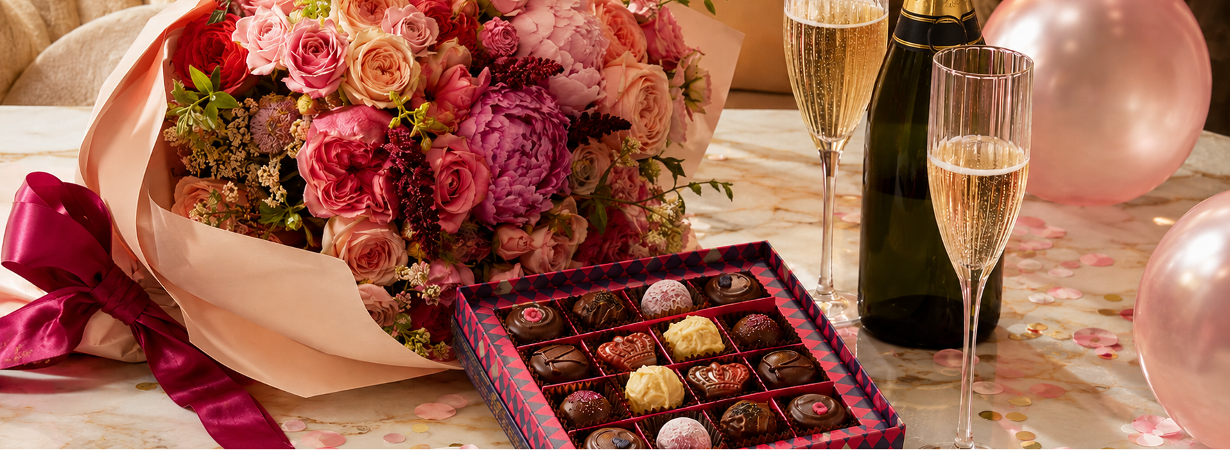 Bouquet of flowers, chocolates, and champagne on a table with balloons.