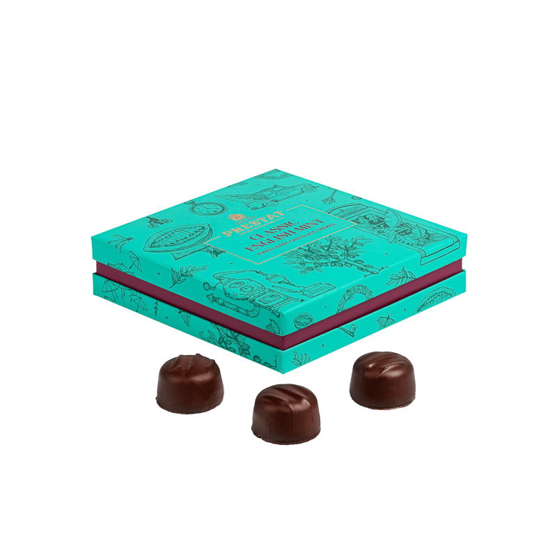 turquoise chocolate box three chocolates By Prestat Chocolates