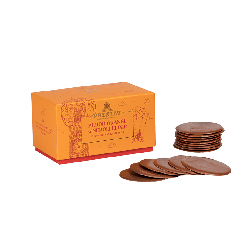 box blood orange chocolate discs By Prestat Chocolates