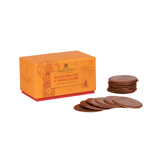 box blood orange chocolate discs By Prestat Chocolates