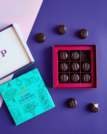 Chocolate mints in decorative boxes.