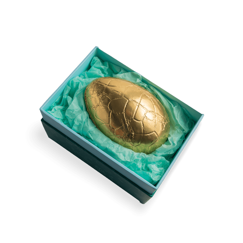 golden chocolate egg turquoise box By Prestat Chocolates