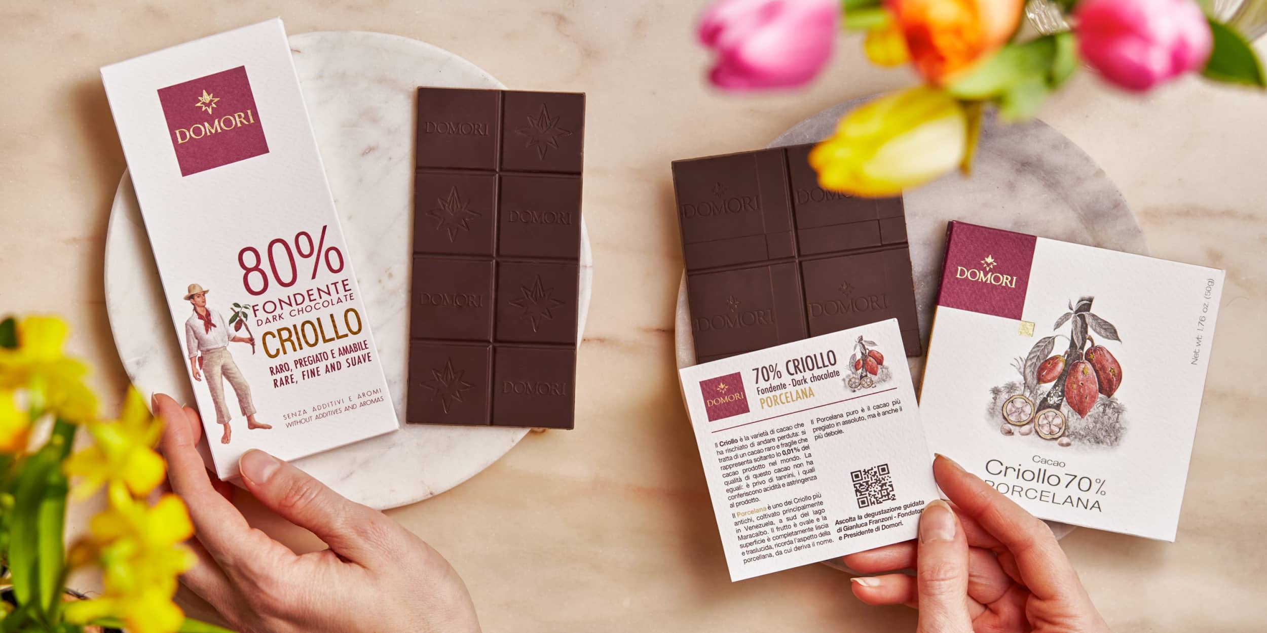Domori chocolate bars and packaging.