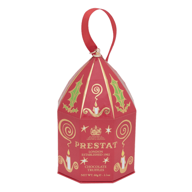 red prestat chocolate truffle ornament By Prestat Chocolates