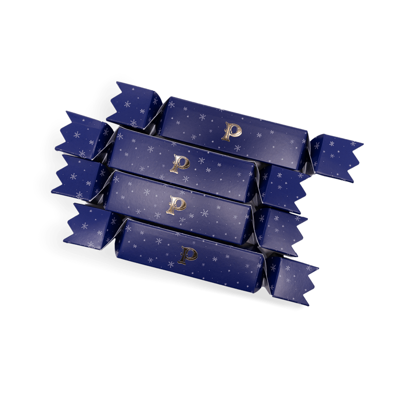 stack blue christmas crackers By Prestat Chocolates