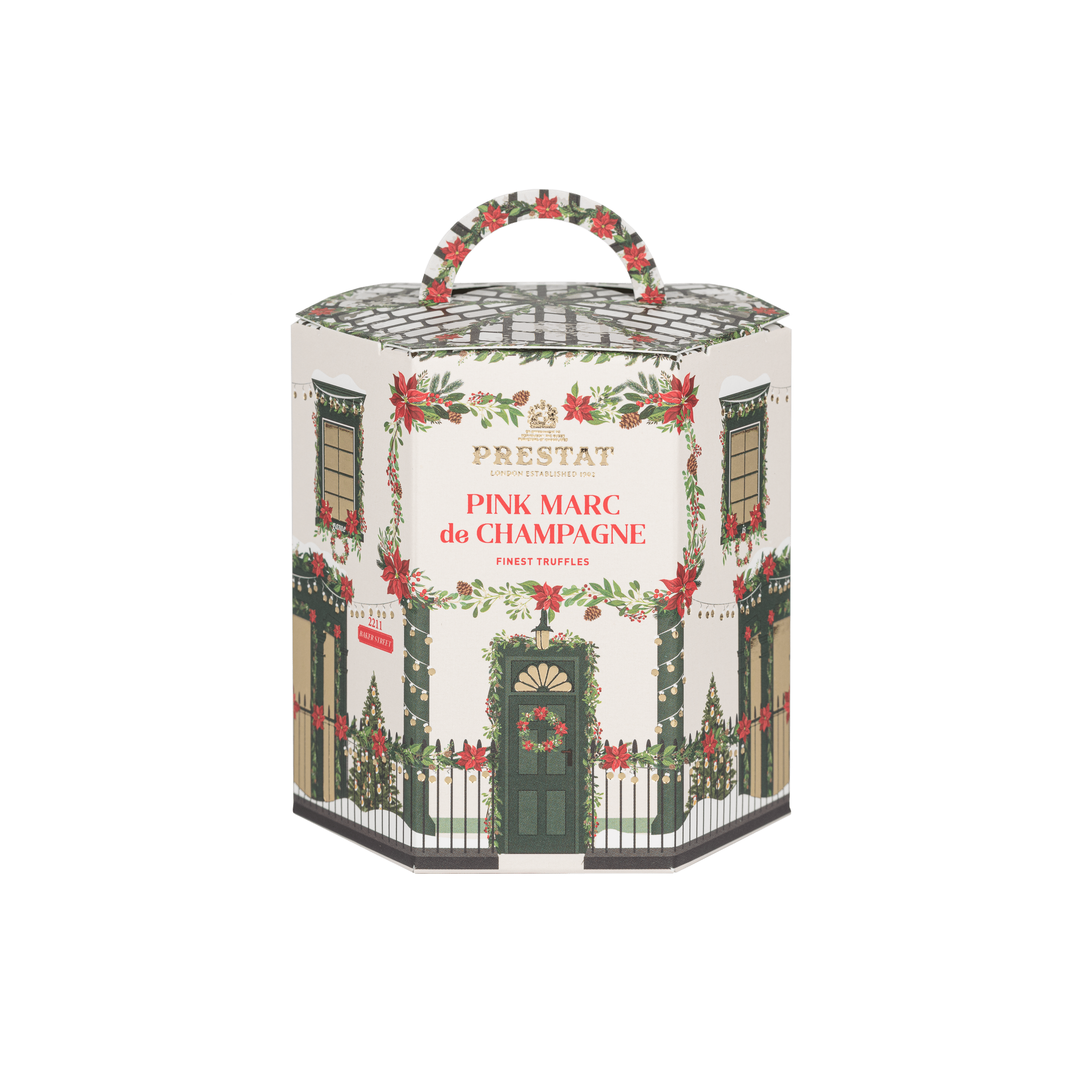 hexagonal box christmas-themed house design By Prestat Chocolates