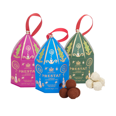 three colorful prestat chocolate truffle By Prestat Chocolates
