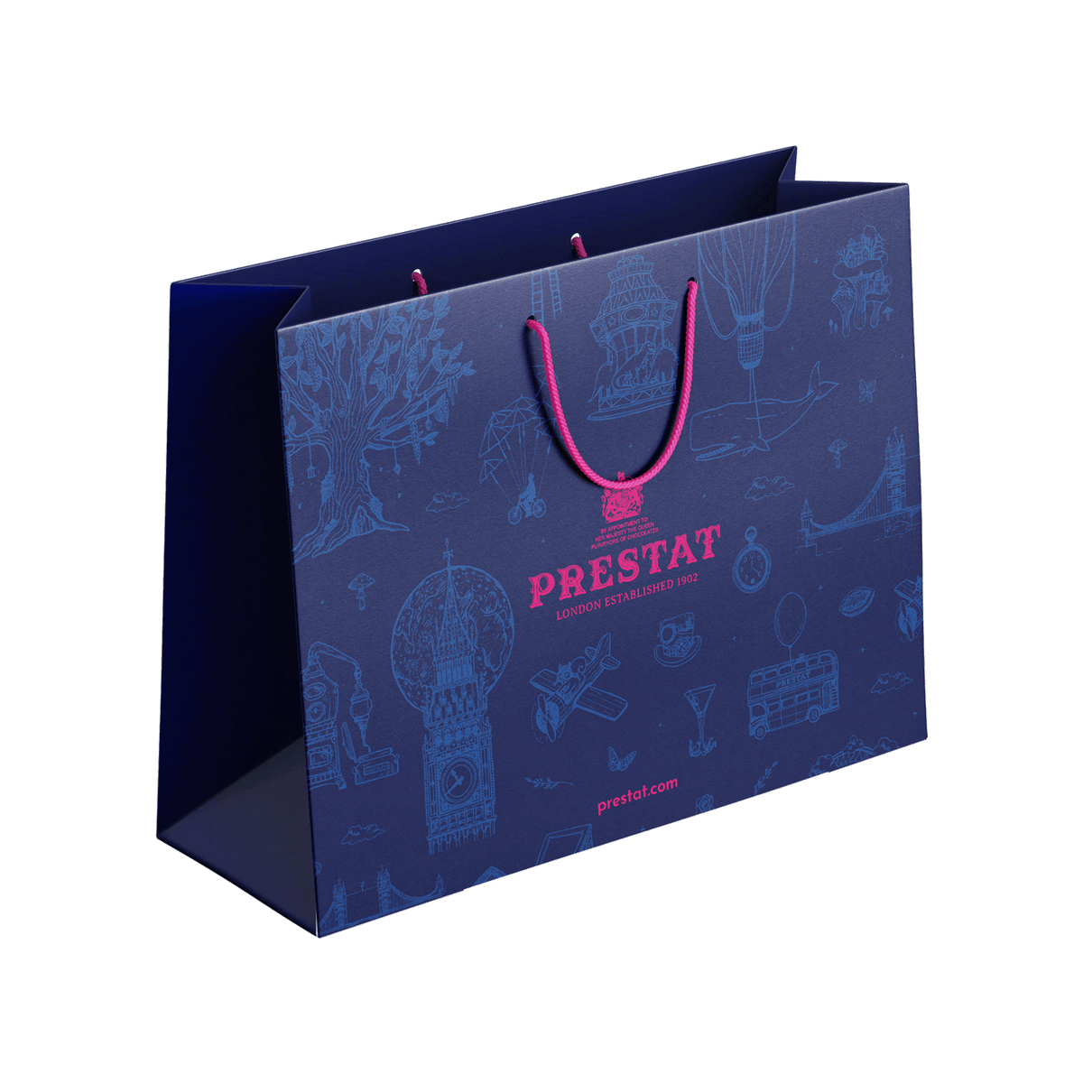 blue bag pink handles By Prestat Chocolates