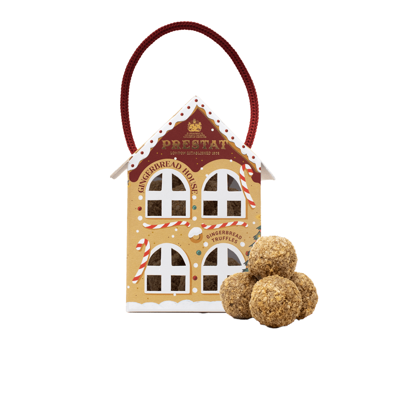 gingerbread house-shaped box truffles By Prestat Chocolates