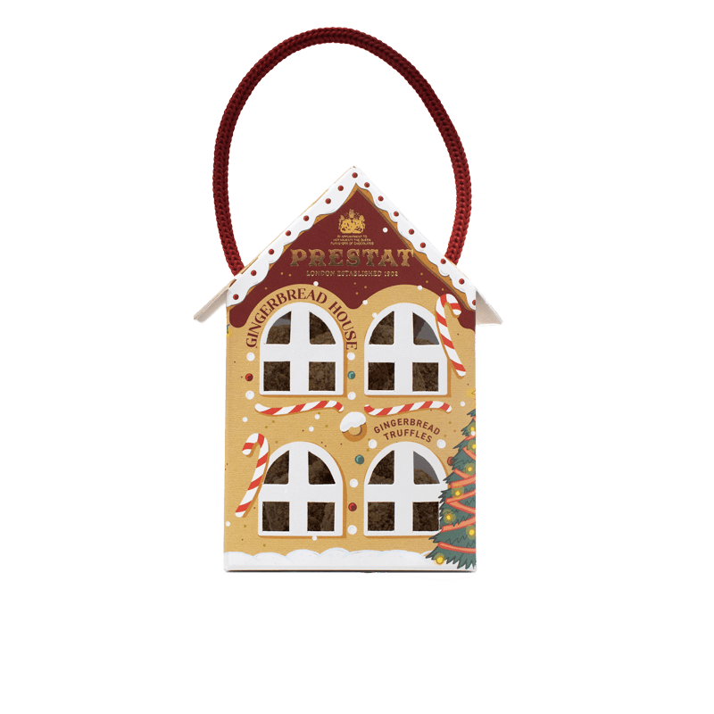 gingerbread house-shaped truffle box handle By Prestat Chocolates