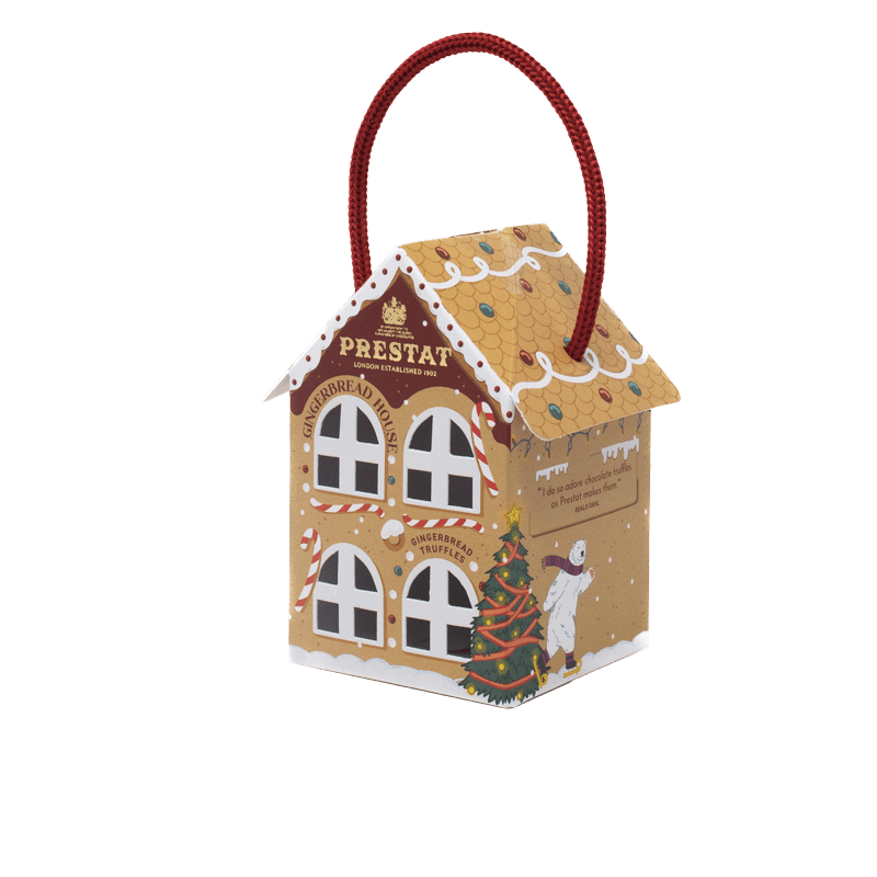 gingerbread house shaped gift box By Prestat Chocolates