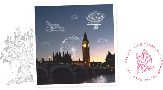 London cityscape with whimsical drawings.