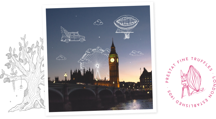 London cityscape with whimsical drawings.