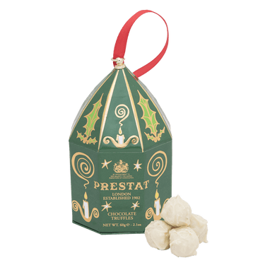 green gold chocolate truffle ornament By Prestat Chocolates