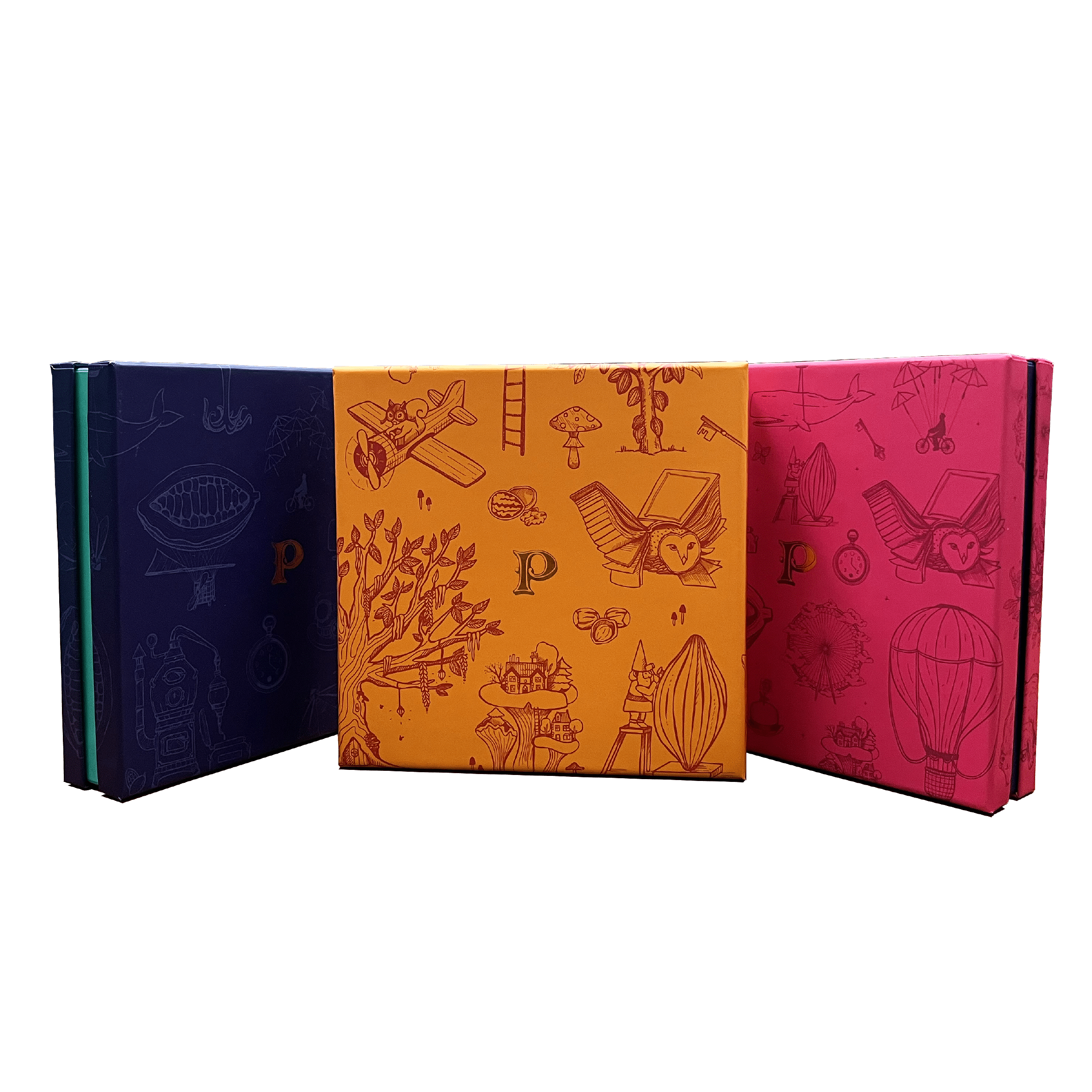 three colorful patterned boxes By Prestat Chocolates