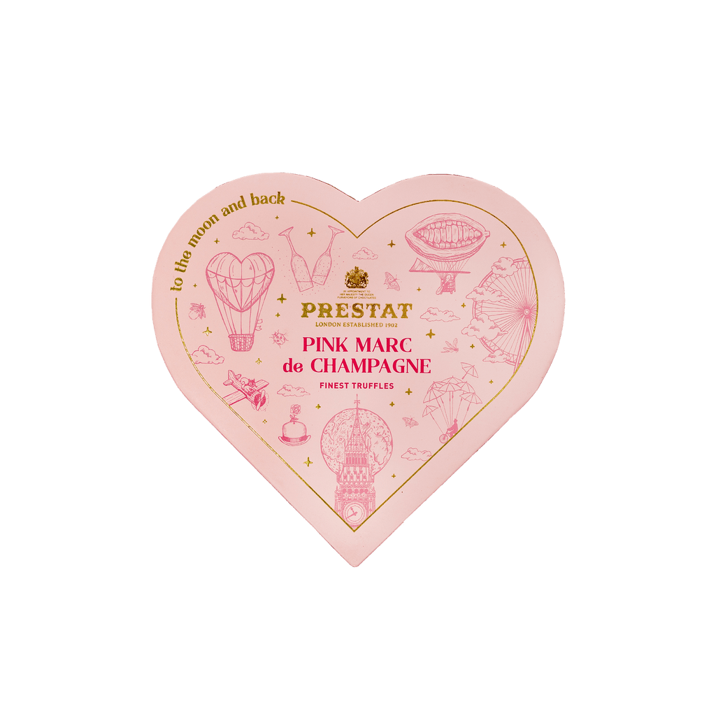 heart-shaped box pink champagne truffles By Prestat Chocolates