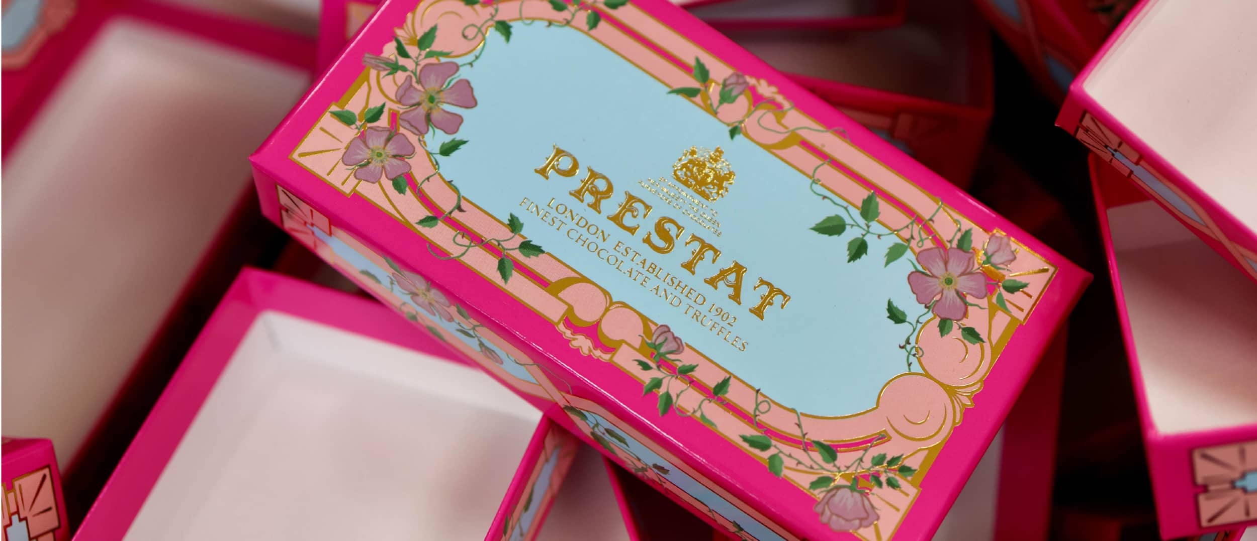 Pink Prestat chocolate box.
