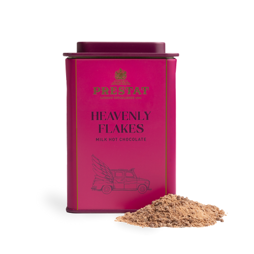 Pink tin of milk hot chocolate flakes.