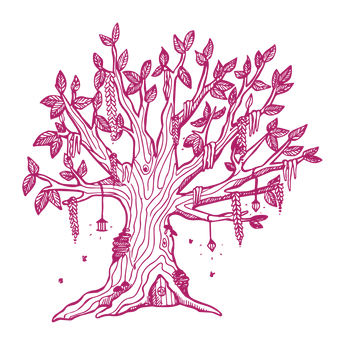 Pixelated magenta tree.