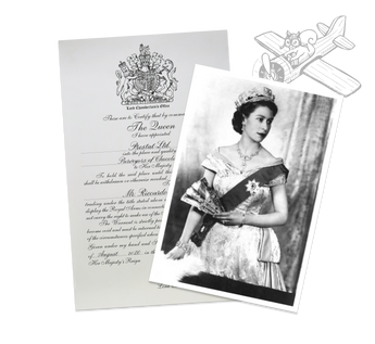 Queen Elizabeth II portrait and royal warrant.