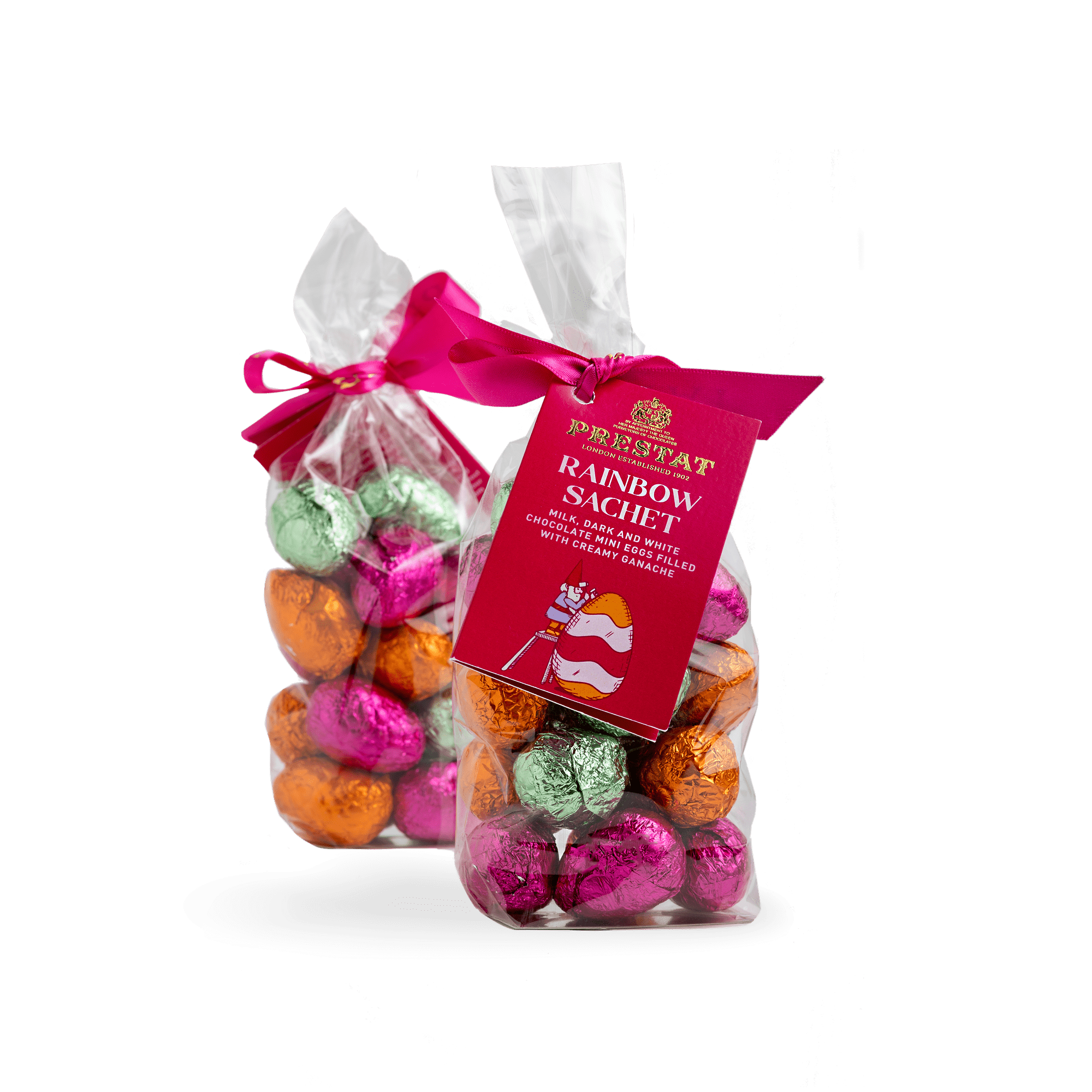 two bags colorful foil-wrapped chocolate By Prestat Chocolates