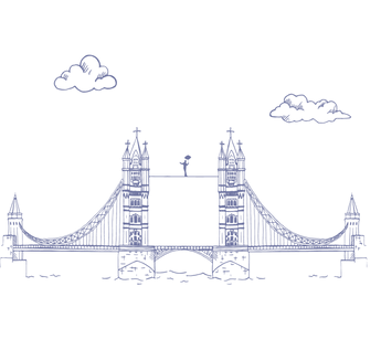 Stylized blue bridge silhouette.