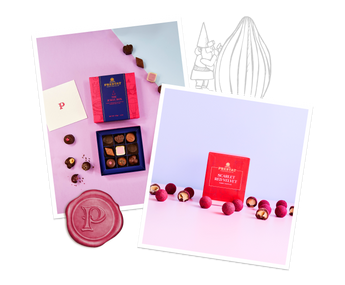 Two arrangements of chocolates and packaging.