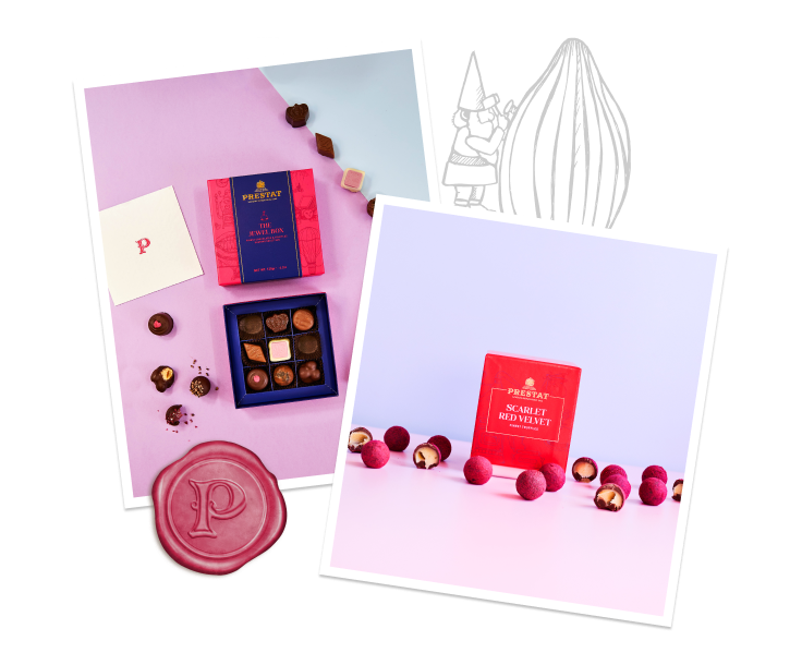 Two arrangements of chocolates and packaging.
