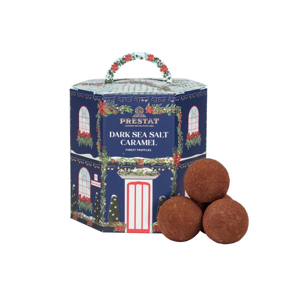Prestat Chocolates London | Delicious dark chocolate truffles, sea salt caramel truffles, salted caramel truffles, encased in a festive house for Christmas. 